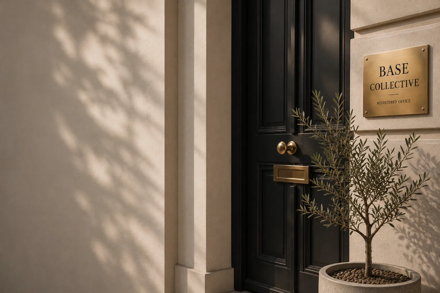 Luxury architectural entrance with a black door, brass registered office plaque and potted olive tree against a cream stone façade. Warm sunlight creates soft shadows, representing professional business address and privacy services for modern founders.