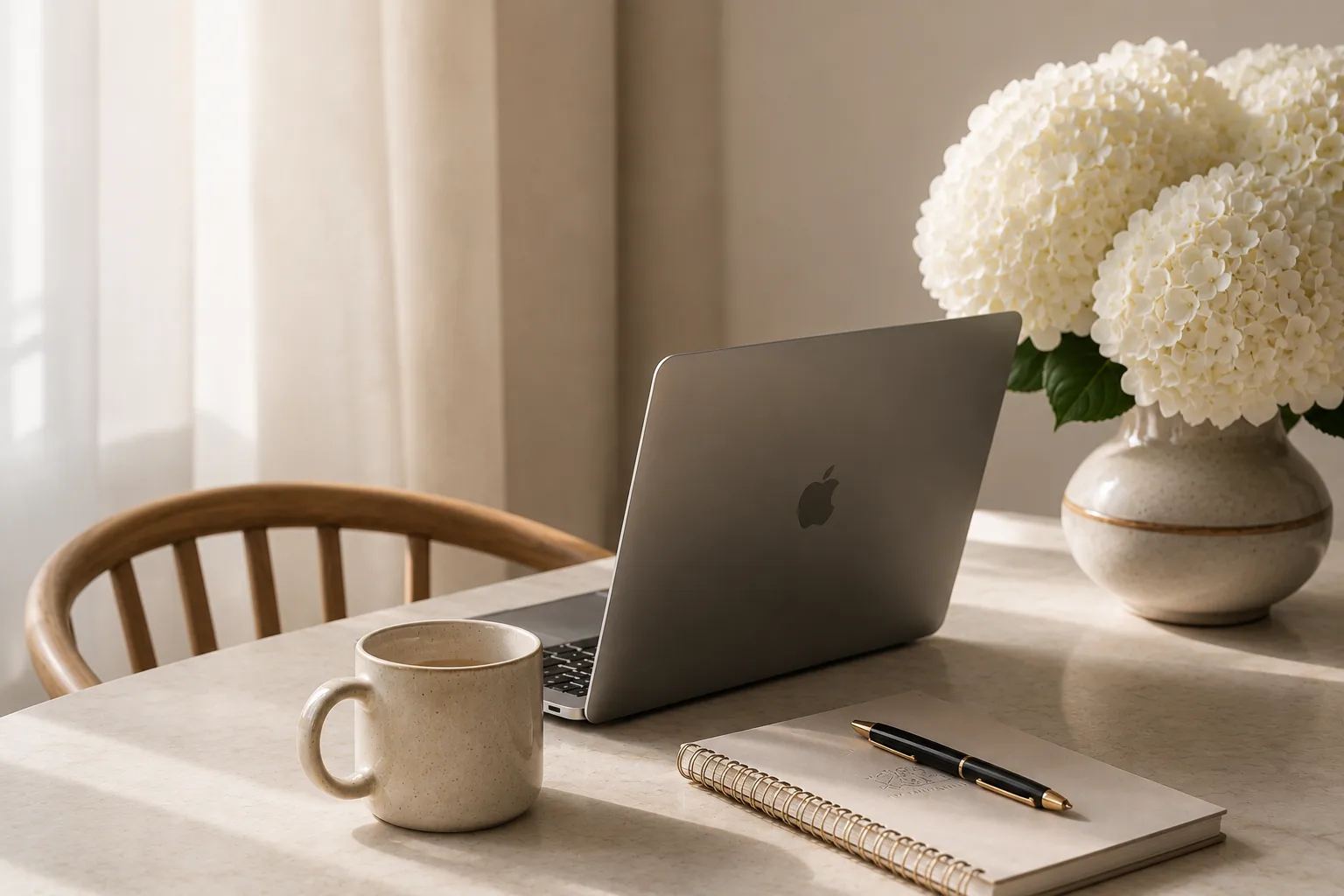 Modern founder workspace with laptop, notebook, coffee and white hydrangeas in warm natural light.