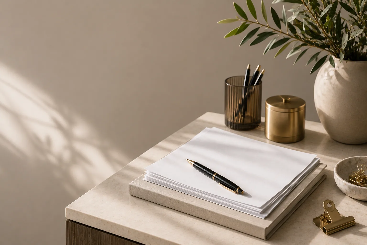 Business compliance workspace featuring organised documents, a black and gold pen, brass desk accessories and an olive tree in a minimalist professional setting.